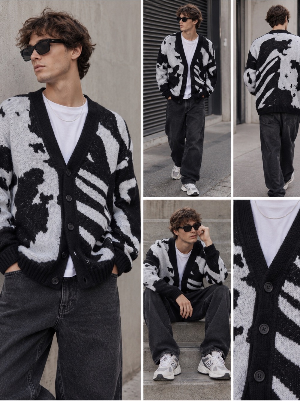 ASOS Design Black & White Abstract Print Button Cardigan Sz M